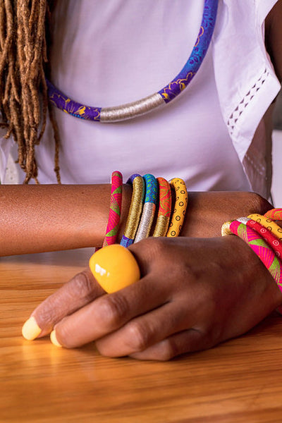 Luyolo Thread-Wrapped Thin Bracelet Pink Silver Small